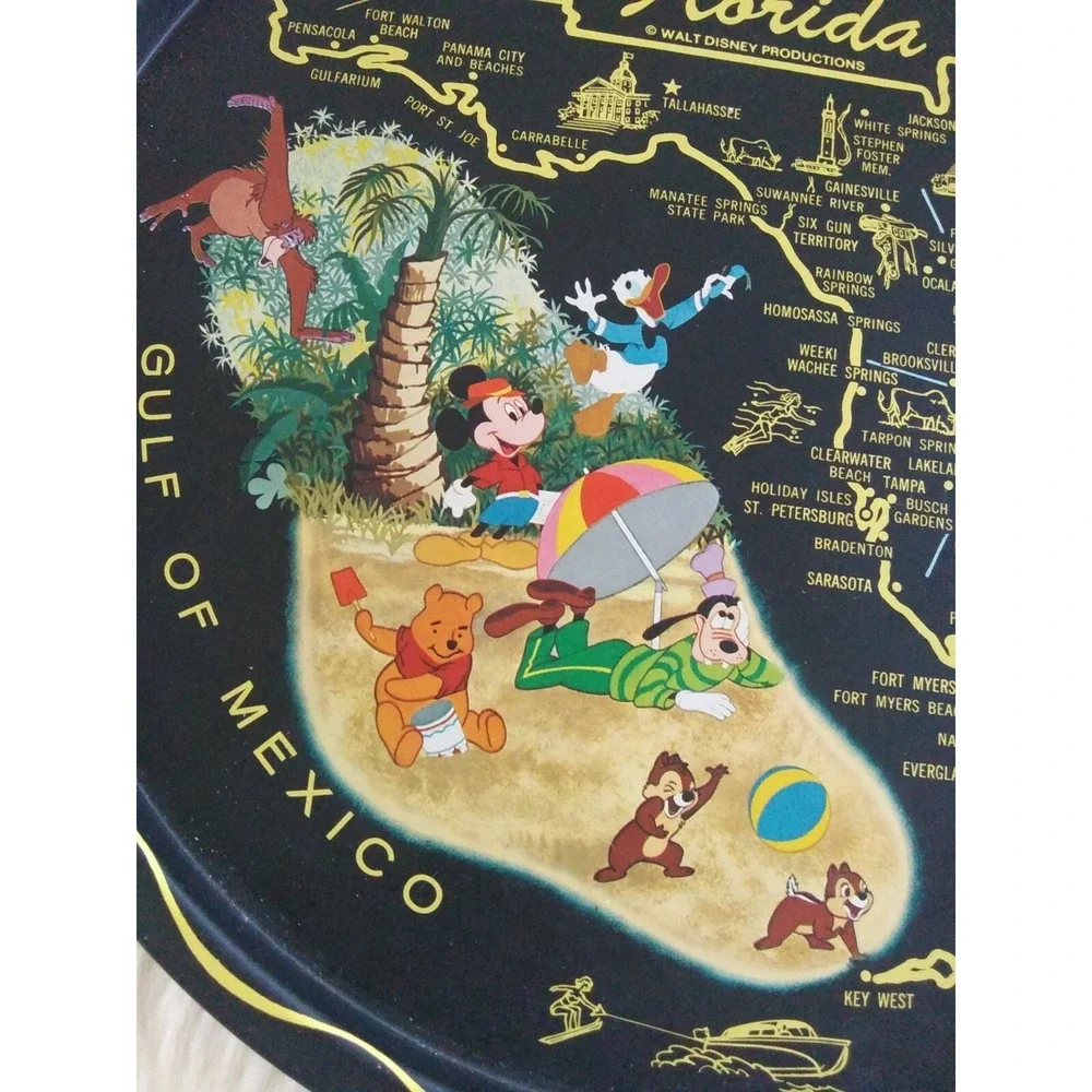 Vintage 1970s Walt Disney World Florida Round Black Metal Tray Mickey Mouse